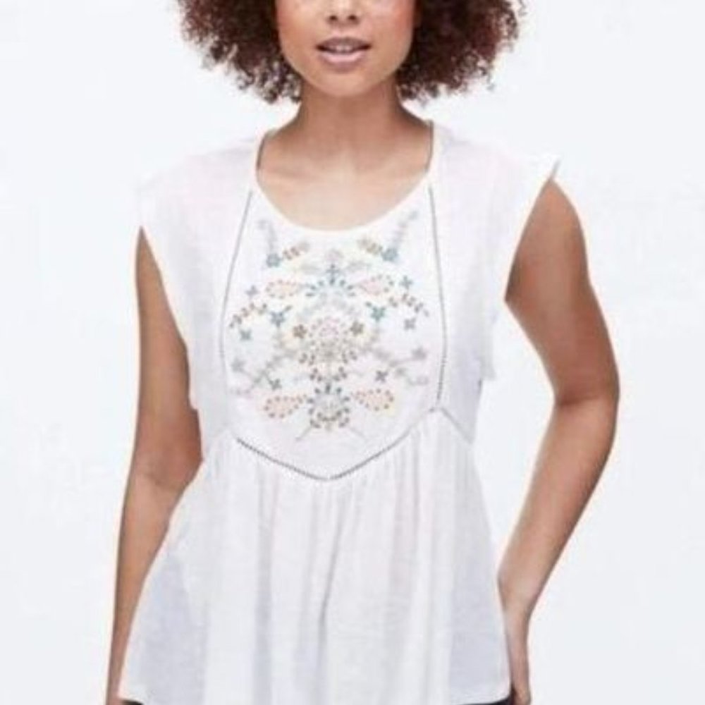 Lucky Brand Women's White Blouse -‎ Boho Embroidered Floral Top - Size X-Small